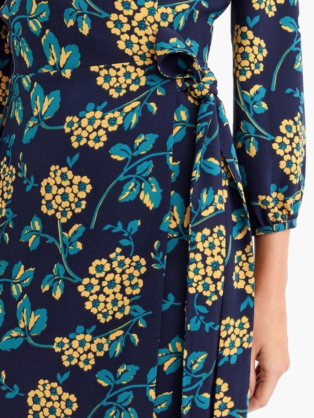 J. Crew 6 Golden Floral Wrap Dress in 365 Crepe Navy Blue Yellow - Picture 4 of 8